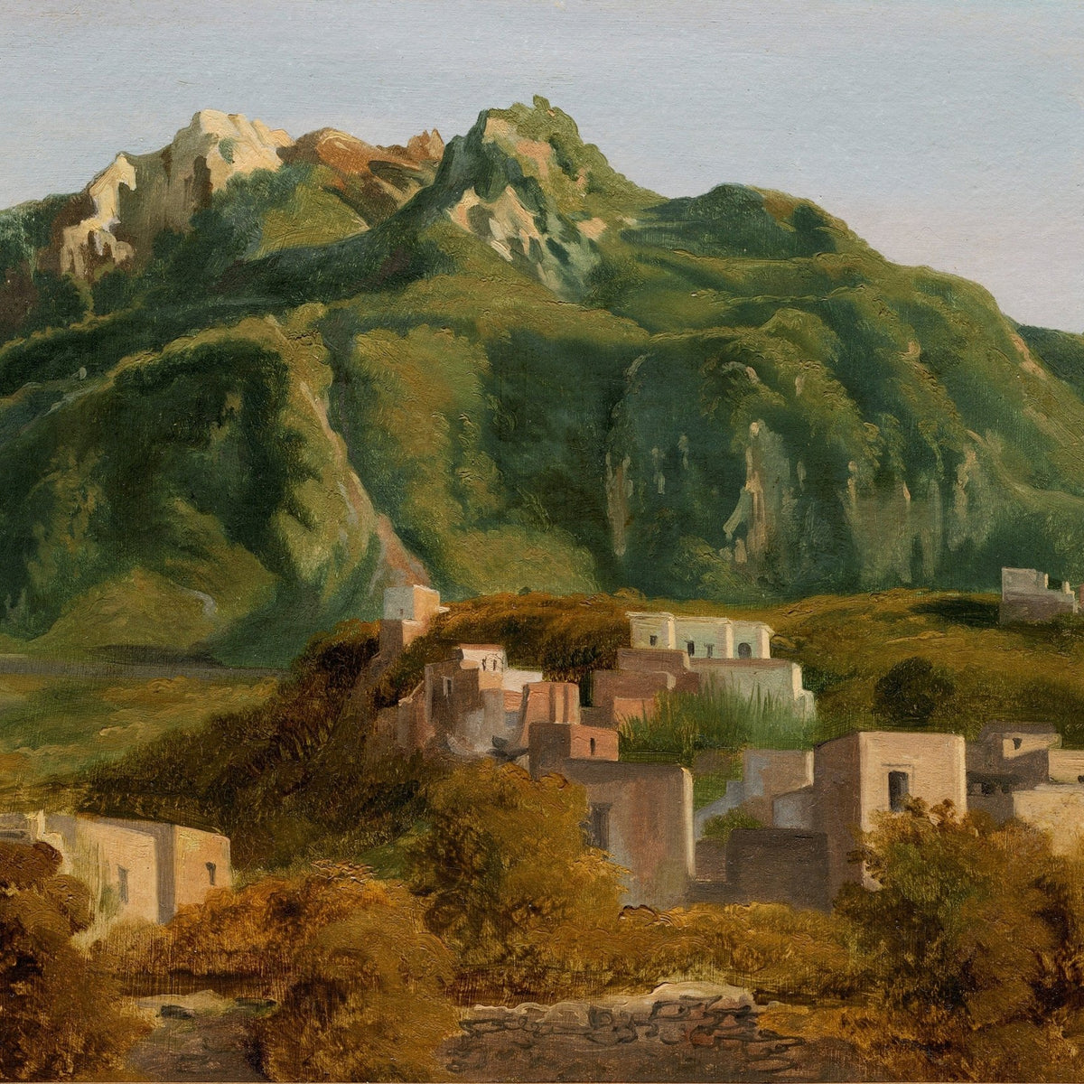 Hand-painted mountain village beneath green peaks landscape oil painting on canvas