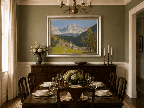 Framed hand-painted alpine landscape oil painting with a mountain village, church and path displayed above a formal dining table.