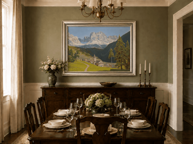 Framed hand-painted alpine landscape oil painting with a mountain village, church and path displayed above a formal dining table.