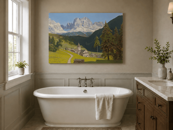 Unframed hand-painted alpine landscape oil painting with a mountain village, church and path displayed above a freestanding bathtub.
