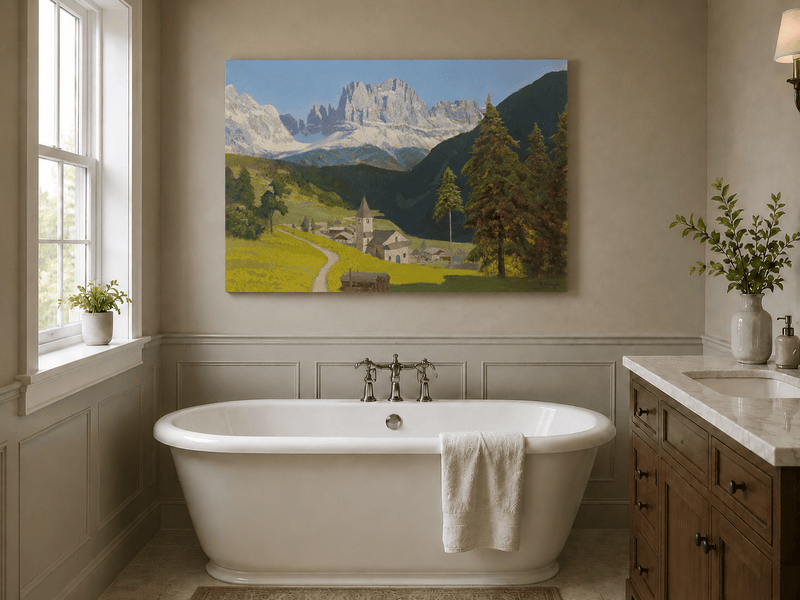 Unframed hand-painted alpine landscape oil painting with a mountain village, church and path displayed above a freestanding bathtub.