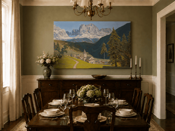 Unframed hand-painted alpine landscape oil painting with a mountain village, church and path displayed above a formal dining table.