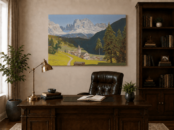 Unframed hand-painted alpine landscape oil painting with a mountain village, church and path displayed above a traditional home office desk.
