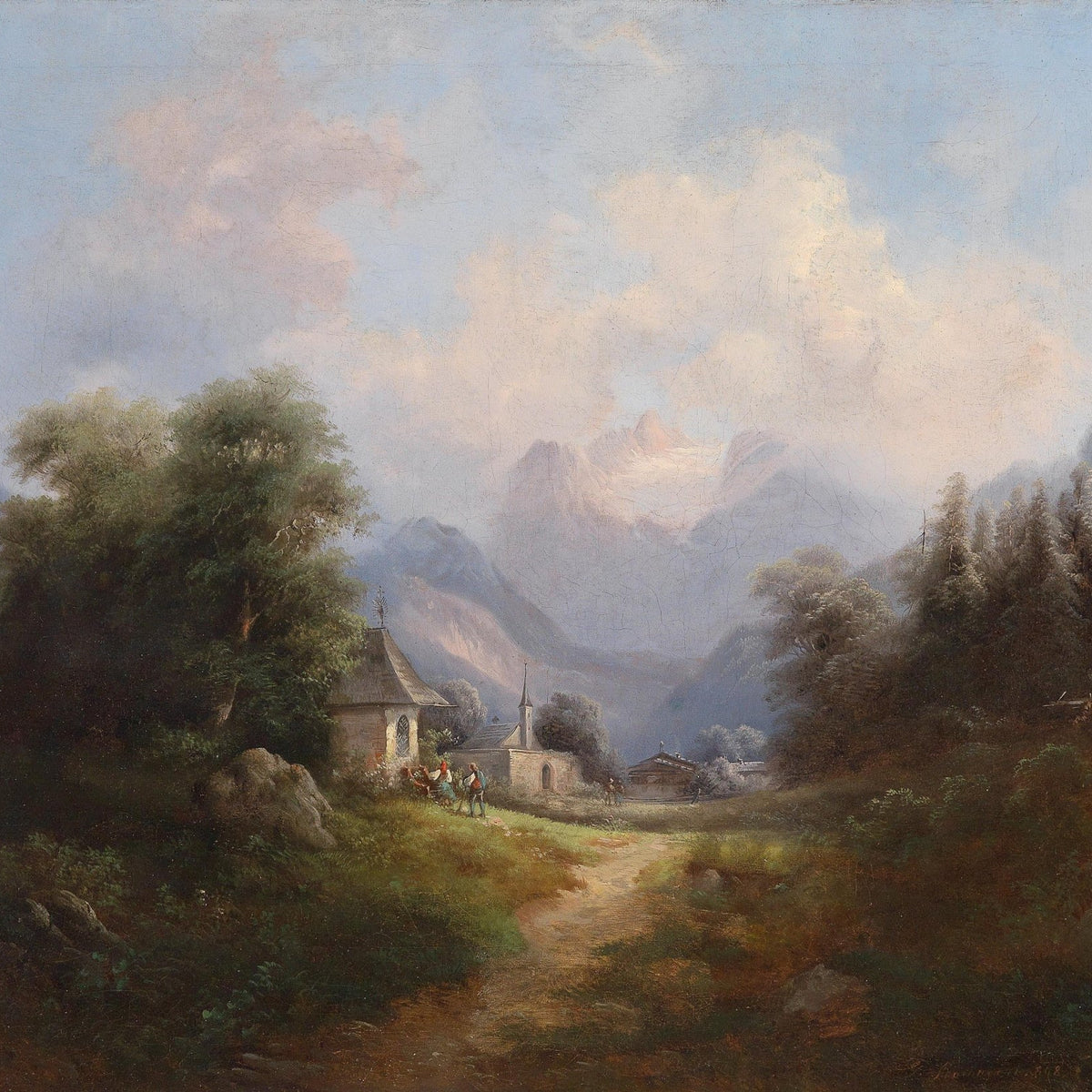 Mountain Village Path with Chapel and Distant Peaks – Landscape Oil Painting - Oil Painting Haven