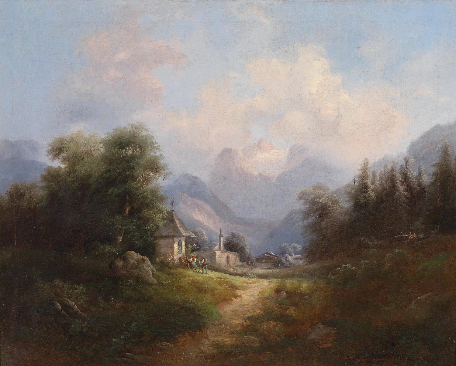 Mountain Village Path with Chapel and Distant Peaks – Landscape Oil Painting - Oil Painting Haven