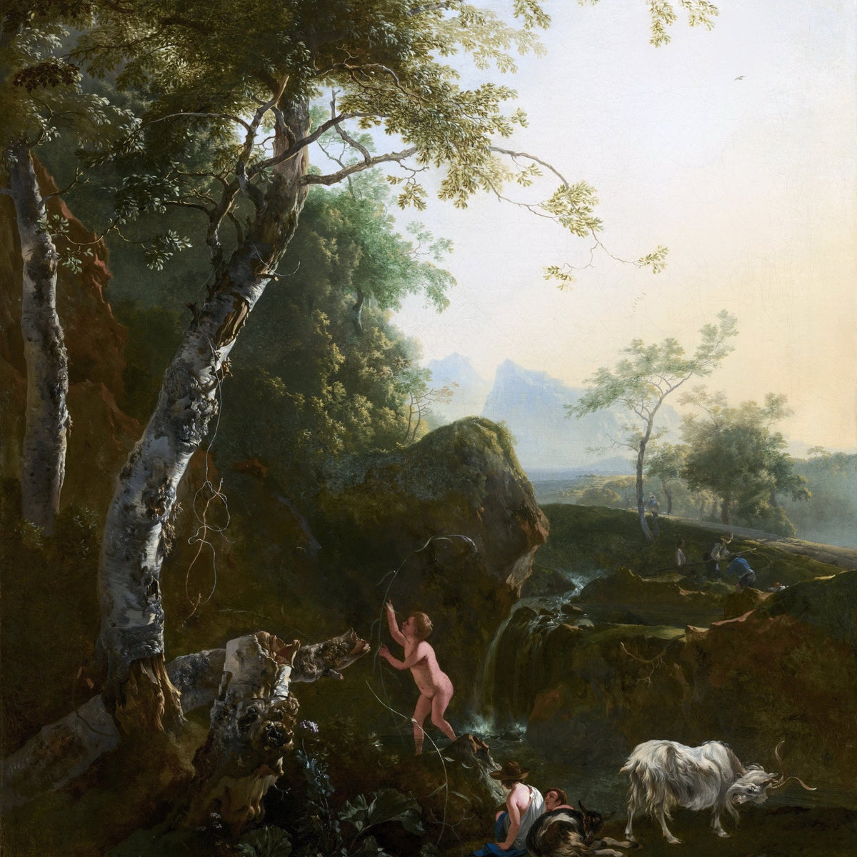 Hand-painted mountain waterfall and forest valley scene landscape oil painting on canvas