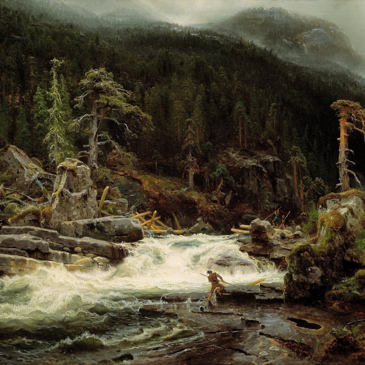 Hand-painted mountain waterfall and pine forest scene landscape oil painting on canvas
