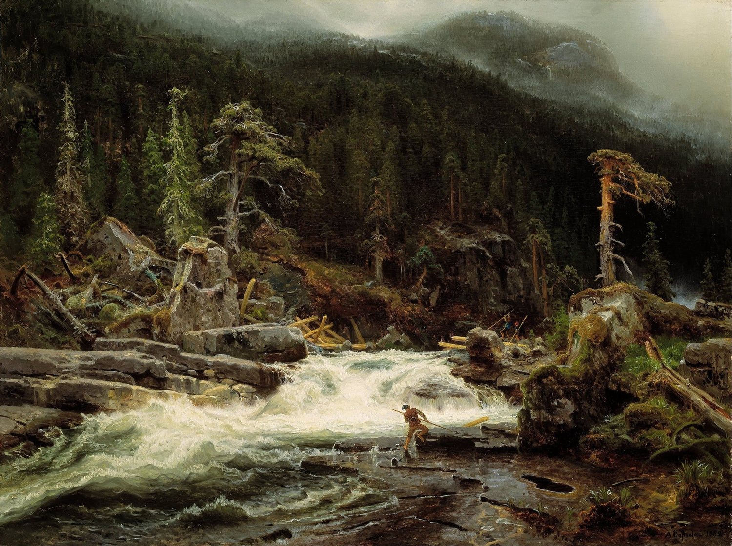 Hand-painted mountain waterfall and pine forest scene landscape oil painting on canvas