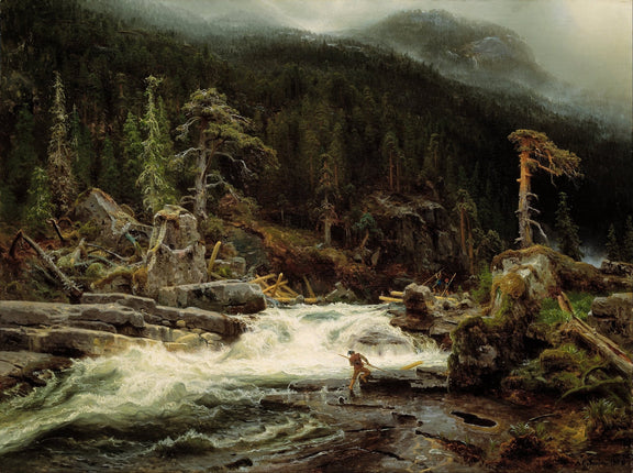 Hand-painted mountain waterfall and pine forest scene landscape oil painting on canvas