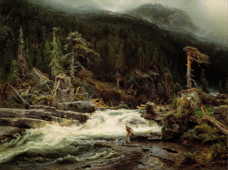 Hand-painted mountain waterfall and pine forest scene landscape oil painting on canvas