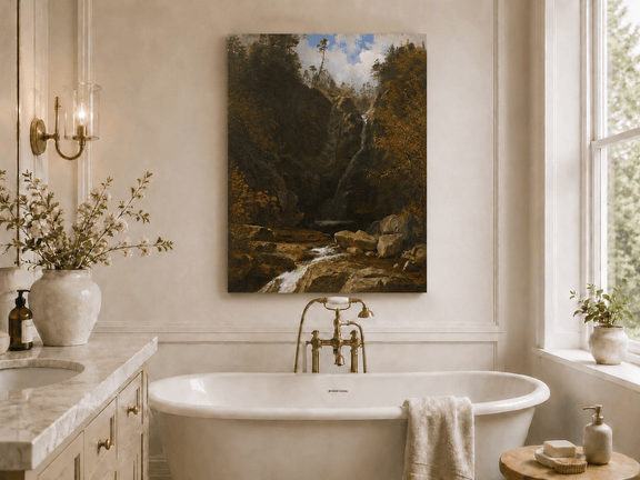 Unframed hand-painted mountain waterfall oil painting through a dark autumn forest displayed above a freestanding bathtub.