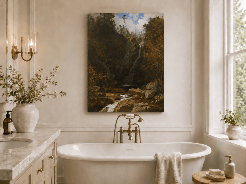 Unframed hand-painted mountain waterfall oil painting through a dark autumn forest displayed above a freestanding bathtub.