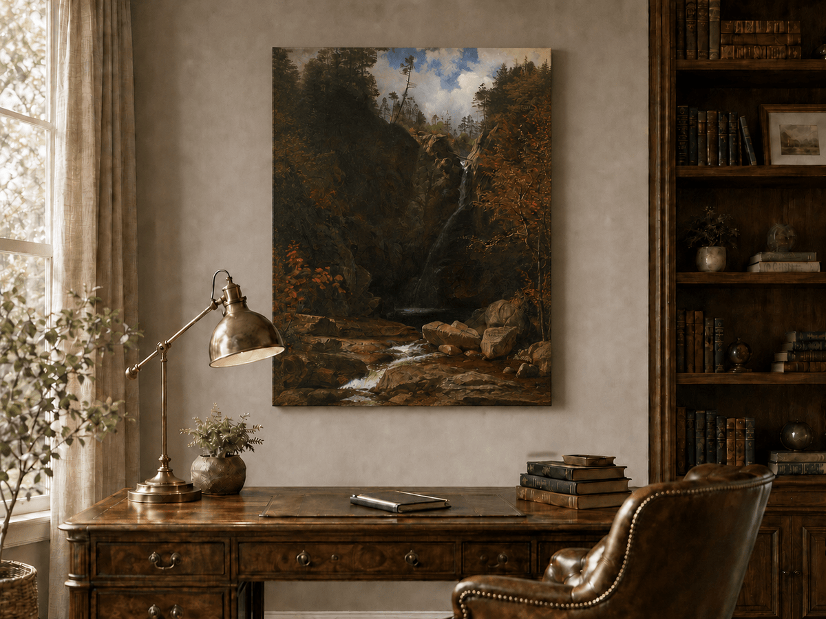 Unframed hand-painted mountain waterfall oil painting through a dark autumn forest displayed above a traditional home office desk.