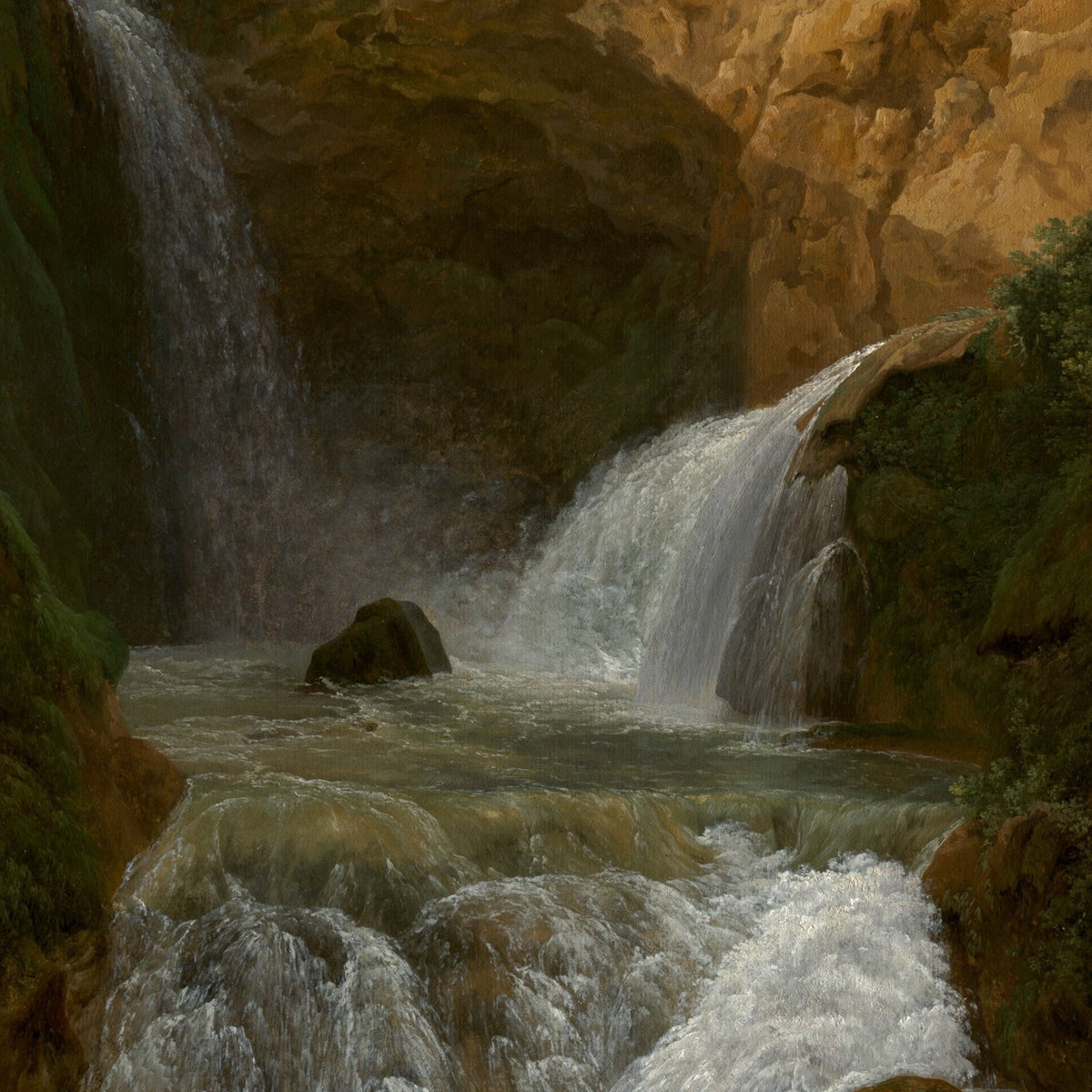 Hand-painted mountain waterfall in rocky gorge landscape oil painting on canvas