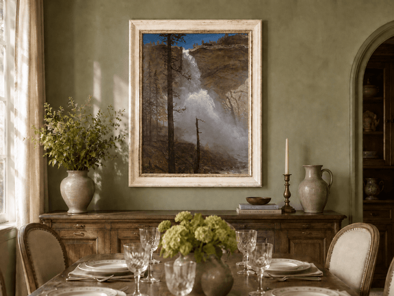 Framed hand-painted mountain waterfall oil painting with rocky cliffs and pine forest displayed above a formal dining table.