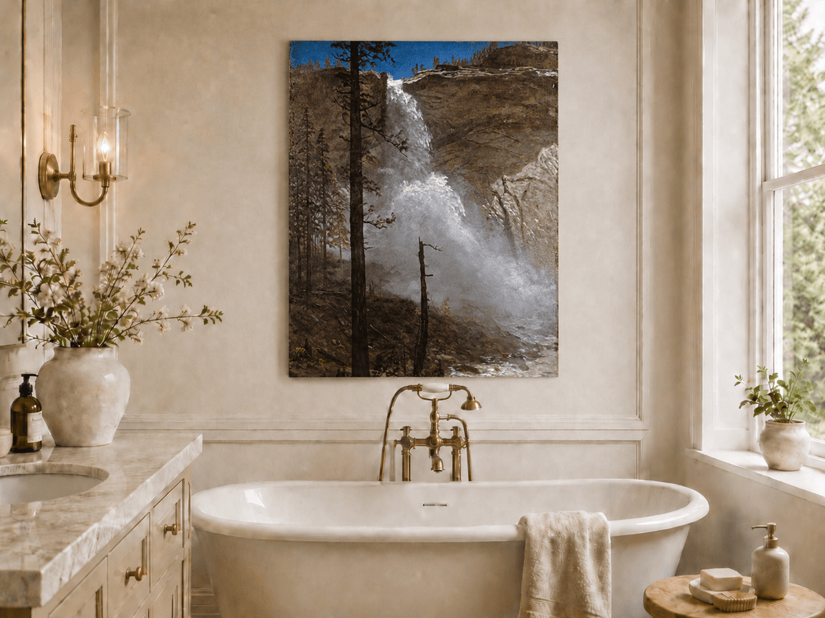 Unframed hand-painted mountain waterfall oil painting with rocky cliffs and pine forest displayed above a freestanding bathtub.