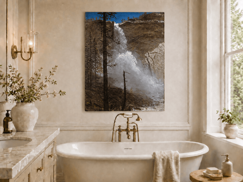 Unframed hand-painted mountain waterfall oil painting with rocky cliffs and pine forest displayed above a freestanding bathtub.