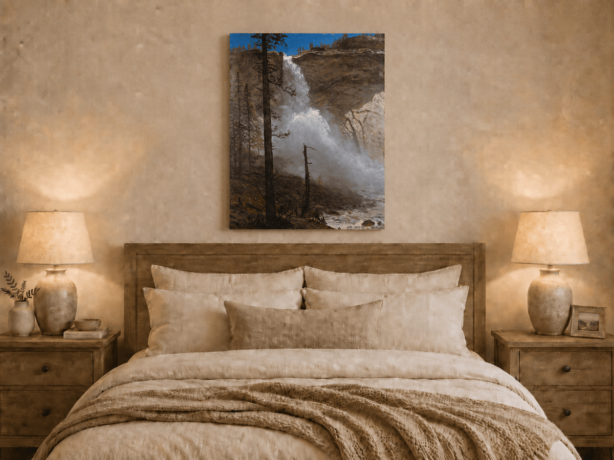 Unframed hand-painted mountain waterfall oil painting with rocky cliffs and pine forest displayed above a wooden bed in a neutral bedroom.