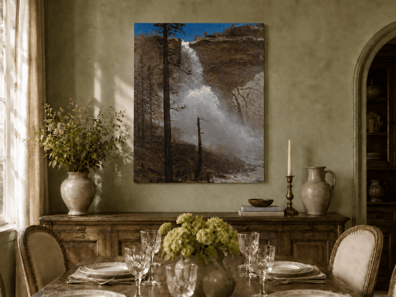 Unframed hand-painted mountain waterfall oil painting with rocky cliffs and pine forest displayed above a formal dining table.