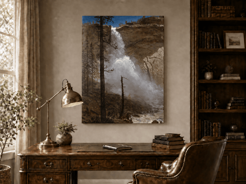 Unframed hand-painted mountain waterfall oil painting with rocky cliffs and pine forest displayed above a traditional home office desk.
