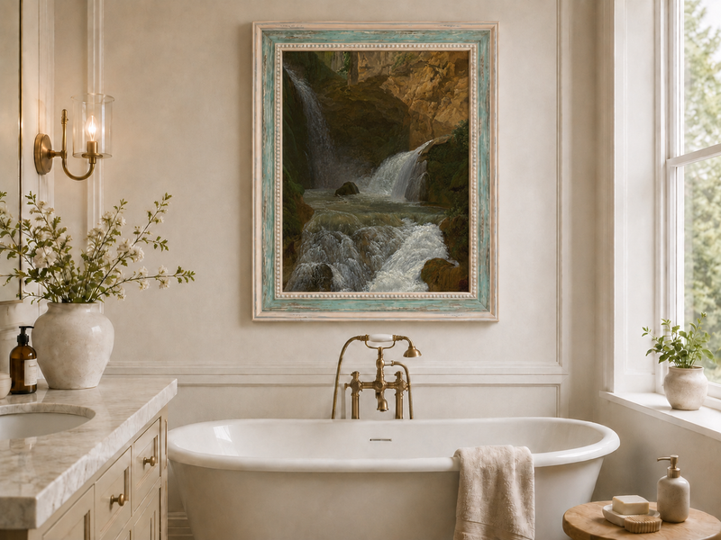 Hand-painted mountain waterfall in a rocky gorge landscape oil painting displayed in a bathroom interior above a bathtub.
