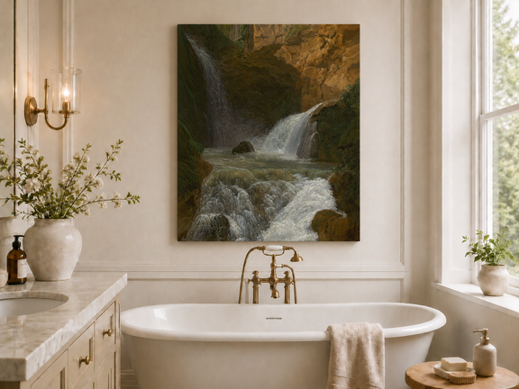 Hand-painted mountain waterfall in a rocky gorge landscape oil painting displayed in a bathroom interior above a bathtub.