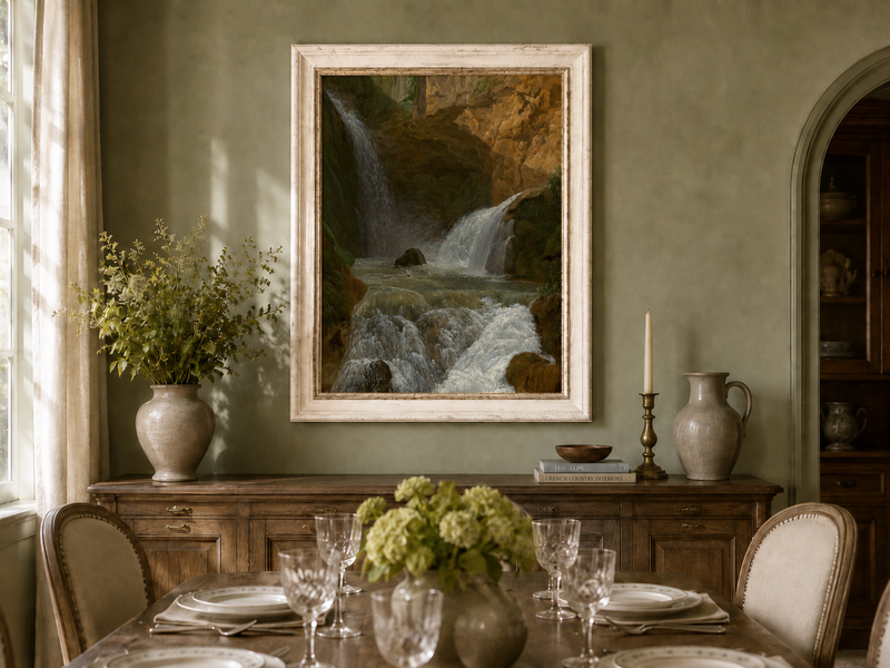 Hand-painted mountain waterfall in a rocky gorge landscape oil painting displayed in a dining room interior.