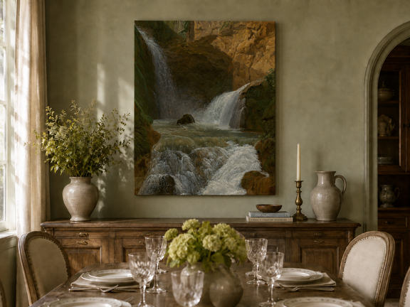 Hand-painted mountain waterfall in a rocky gorge landscape oil painting displayed in a dining room interior.