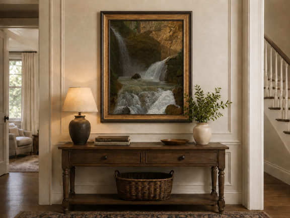 Hand-painted mountain waterfall in a rocky gorge landscape oil painting displayed above a console table in a hallway interior.