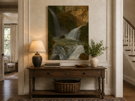 Hand-painted mountain waterfall in a rocky gorge landscape oil painting displayed above a console table in a hallway interior.