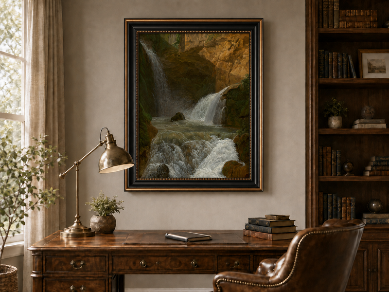 Hand-painted mountain waterfall in a rocky gorge landscape oil painting displayed above a desk in a home office interior.