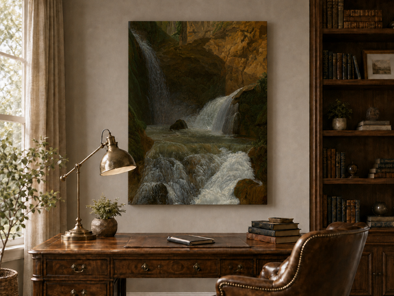 Hand-painted mountain waterfall in a rocky gorge landscape oil painting displayed above a desk in a home office interior.