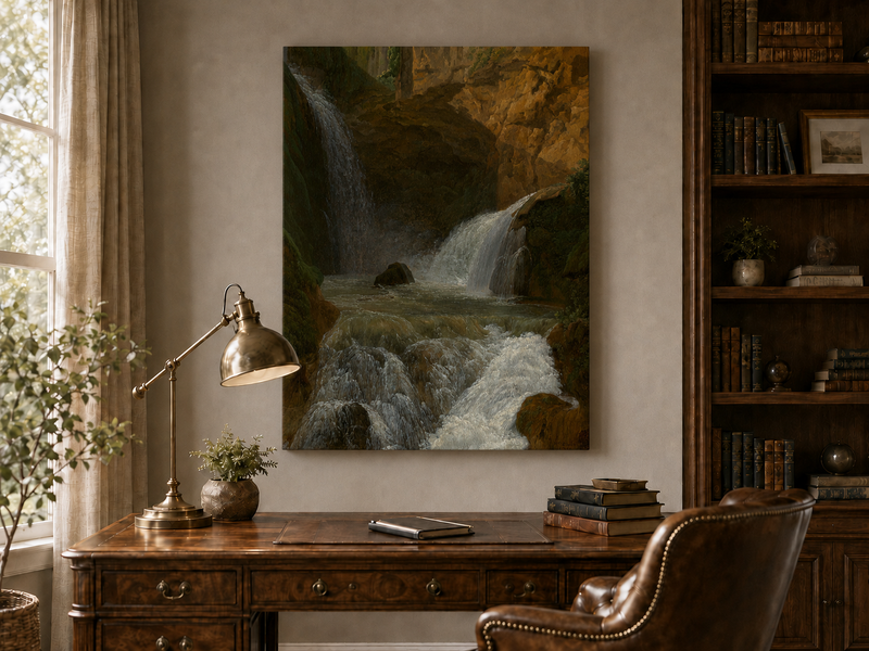 Hand-painted mountain waterfall in a rocky gorge landscape oil painting displayed above a desk in a home office interior.