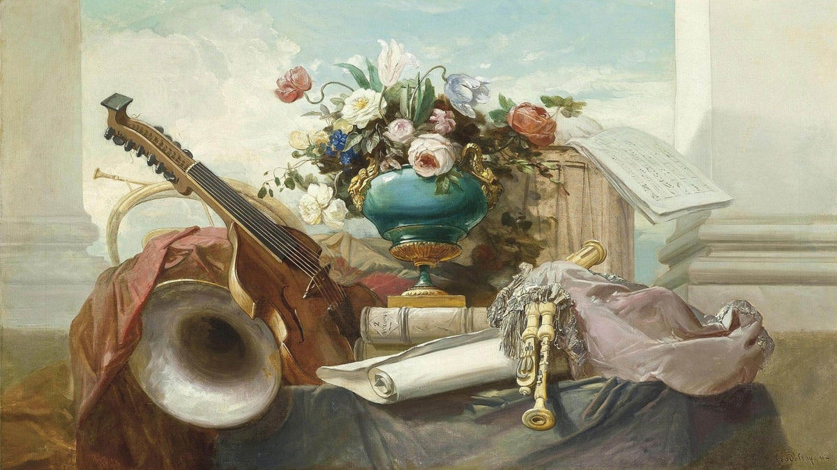 Musical Instruments and Floral Arrangement - Still Life Oil Painting - Oil Painting Haven
