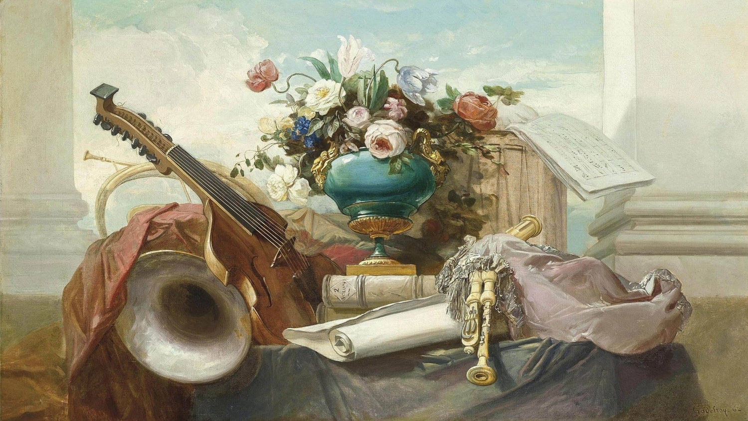 Musical Instruments and Floral Arrangement - Still Life Oil Painting - Oil Painting Haven