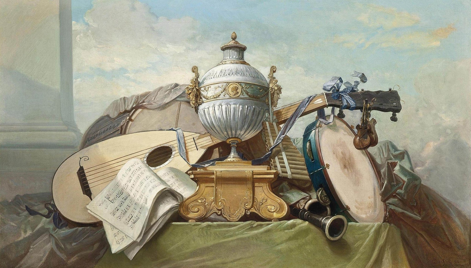 Musical Instruments and Sheet Music - Still Life Oil Painting - Oil Painting Haven