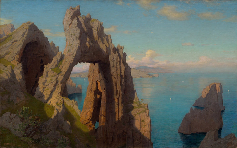 Hand-painted natural sea arch and coastal cliffs landscape oil painting on canvas