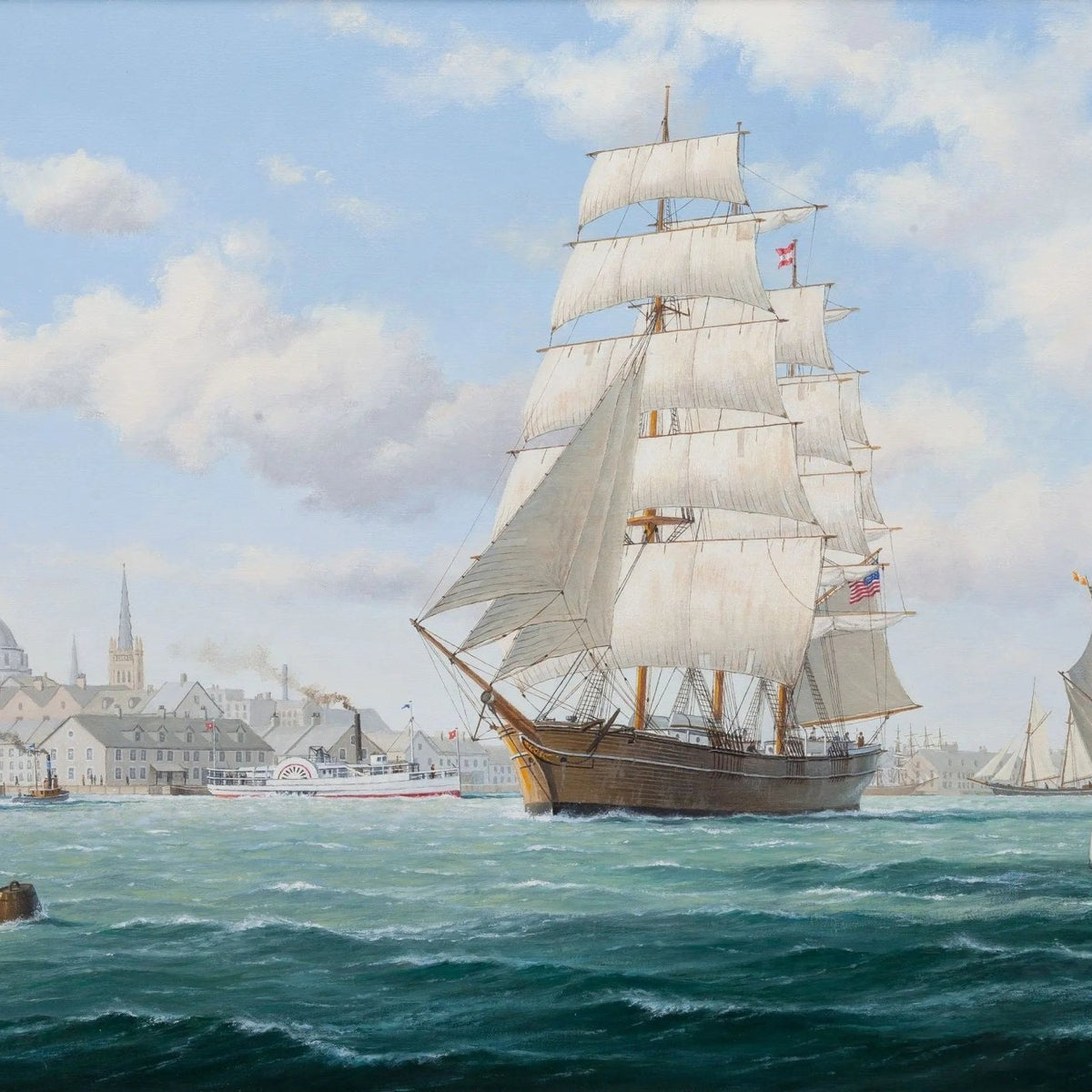 Nautical Oil Paintings - American Clipper Ship in Harbor Scene Wall Art - Oil Painting Haven