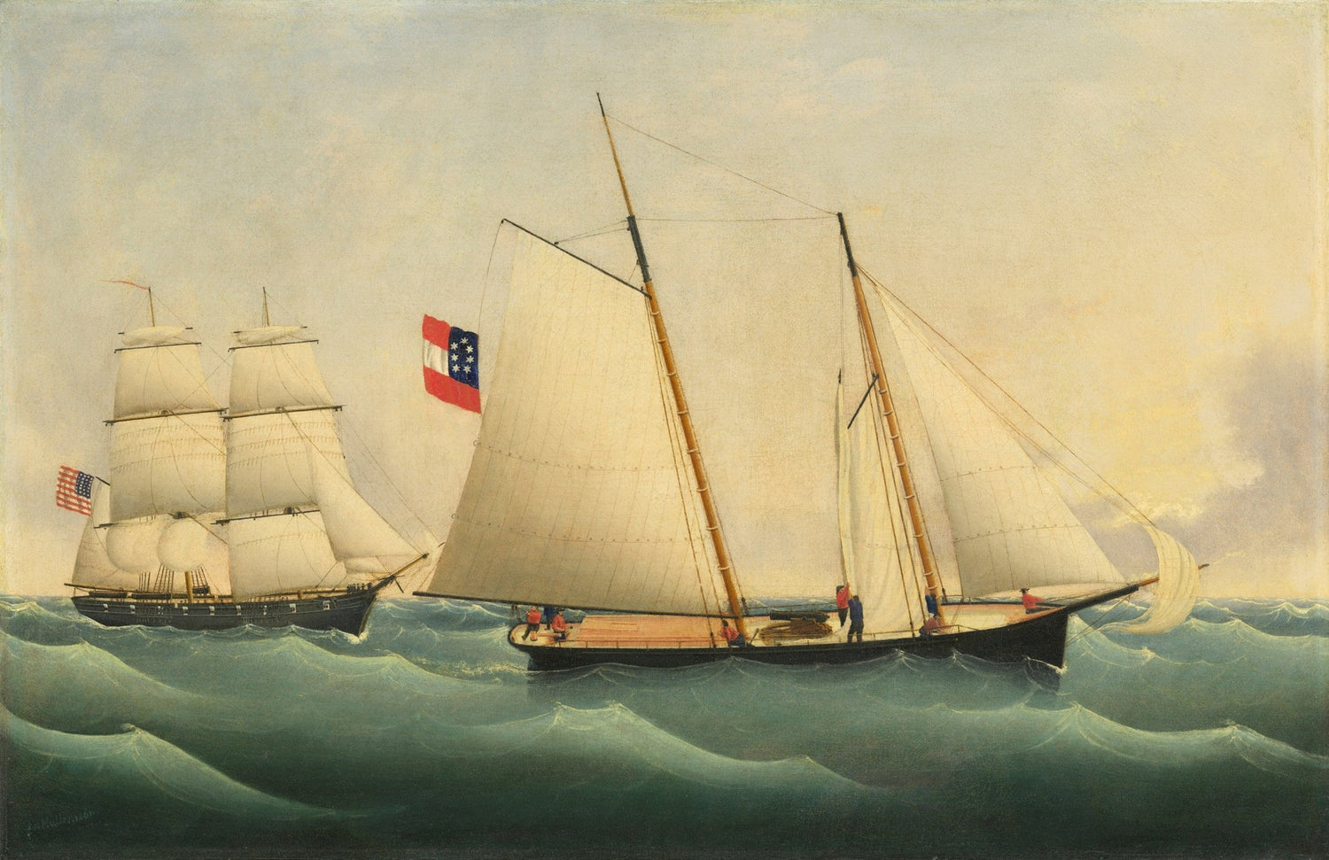 Hand-painted American sailing ships at sea nautical oil painting on canvas