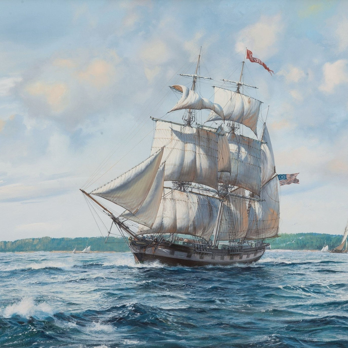 Hand-painted American tall ship on coastal waters nautical oil painting on canvas