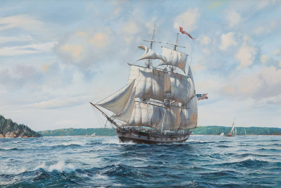 Hand-painted American tall ship on coastal waters nautical oil painting on canvas
