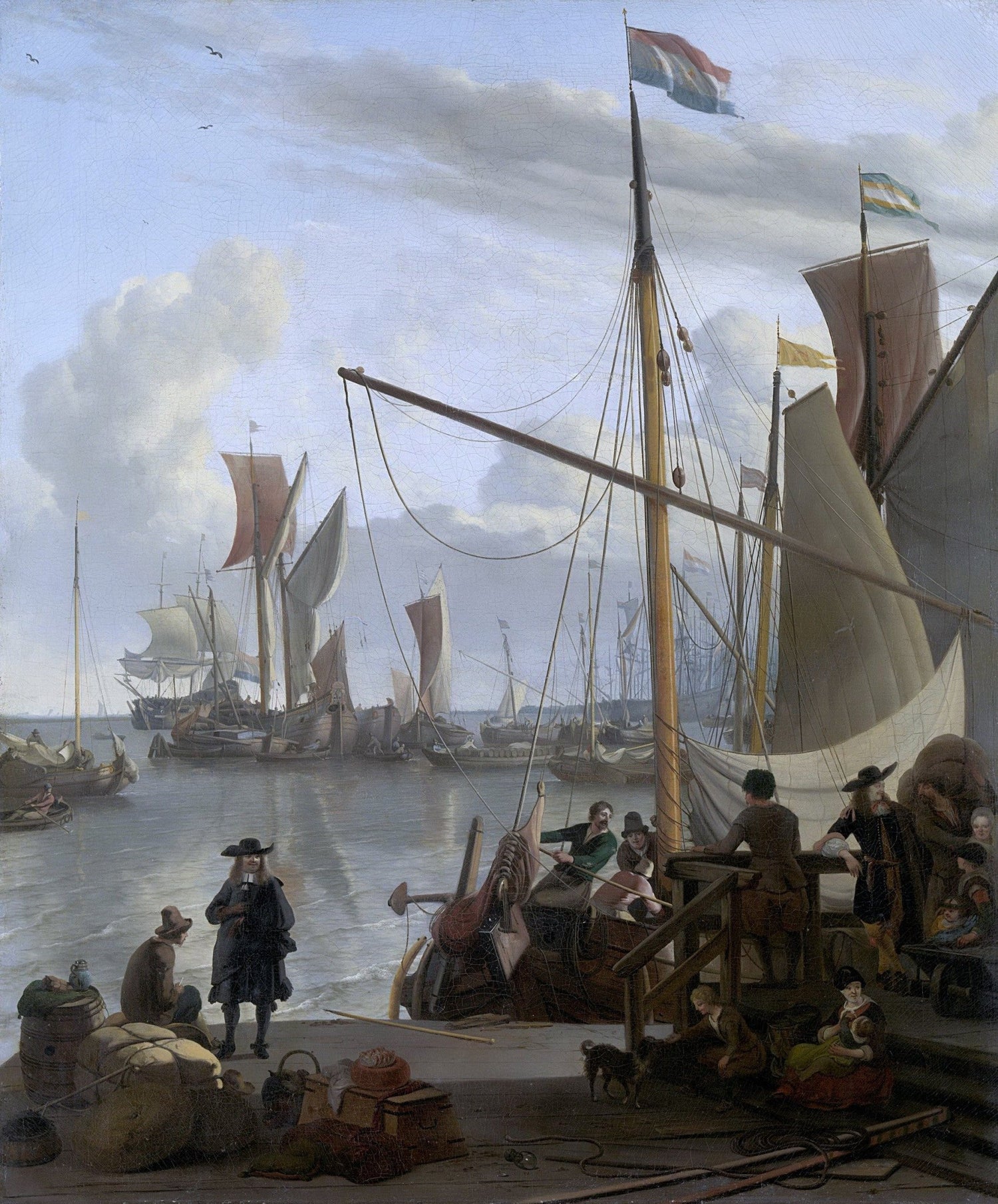 Hand-painted amsterdam harbor ships and dockside life nautical oil painting on canvas