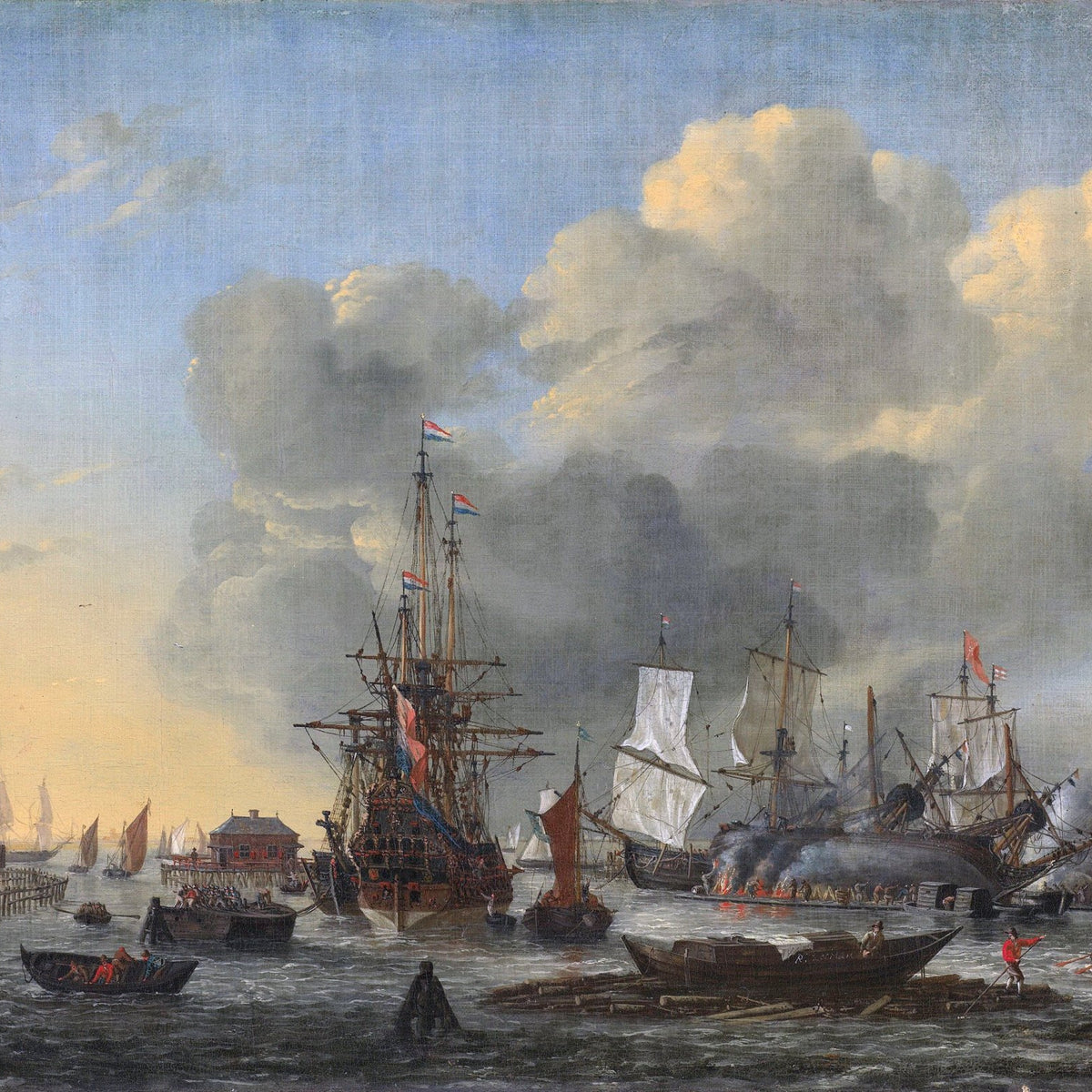 Nautical Oil Paintings - Amsterdam Harbor Shipyard Scene