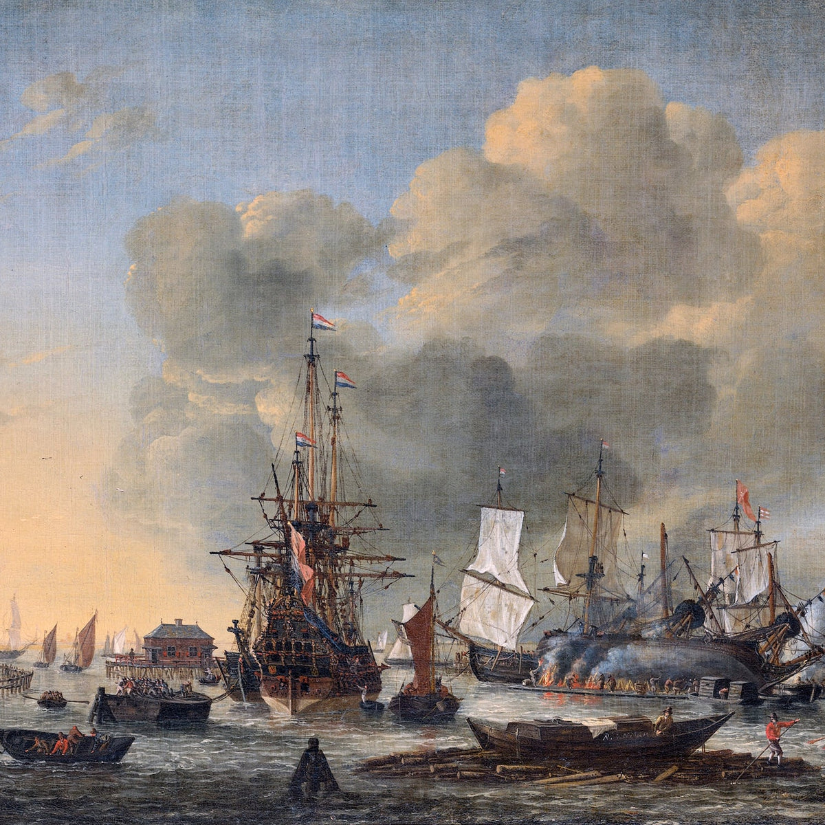 Hand-painted amsterdam harbor shipyard scene nautical oil painting on canvas