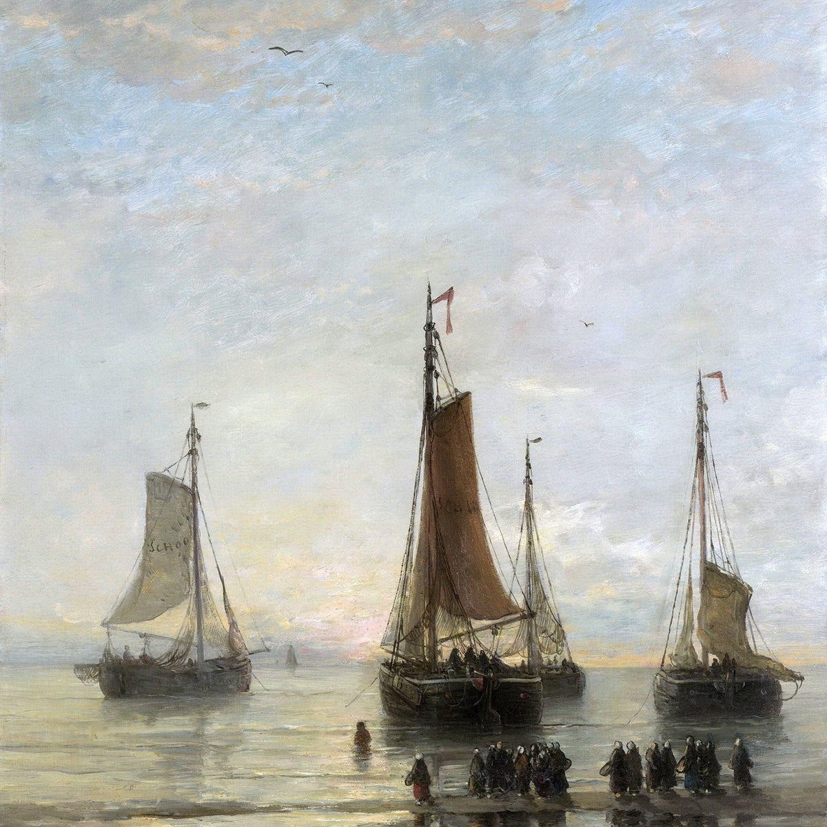 Hand-painted anchored fishing boats at dusk nautical oil painting on canvas