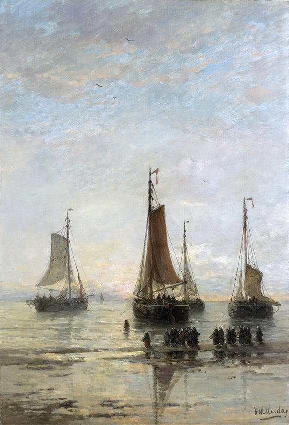 Hand-painted anchored fishing boats at dusk nautical oil painting on canvas