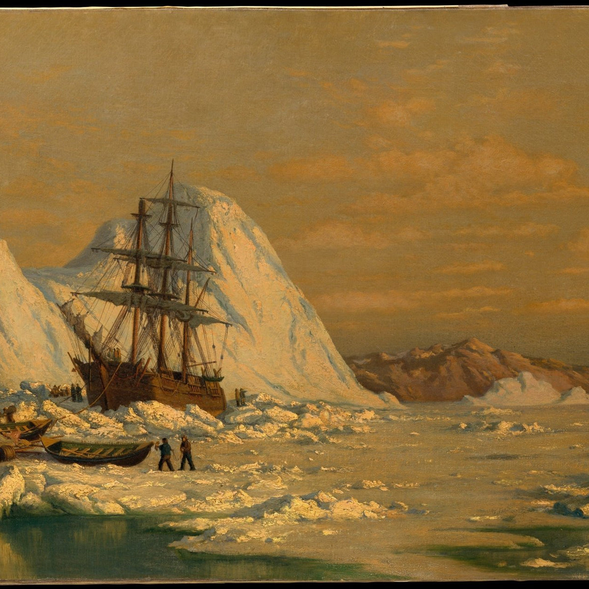 Hand-painted Arctic whaling ship among icebergs nautical oil painting on canvas