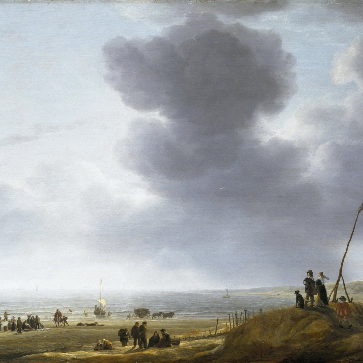 Hand-painted beach scene with boats and clouds nautical oil painting on canvas