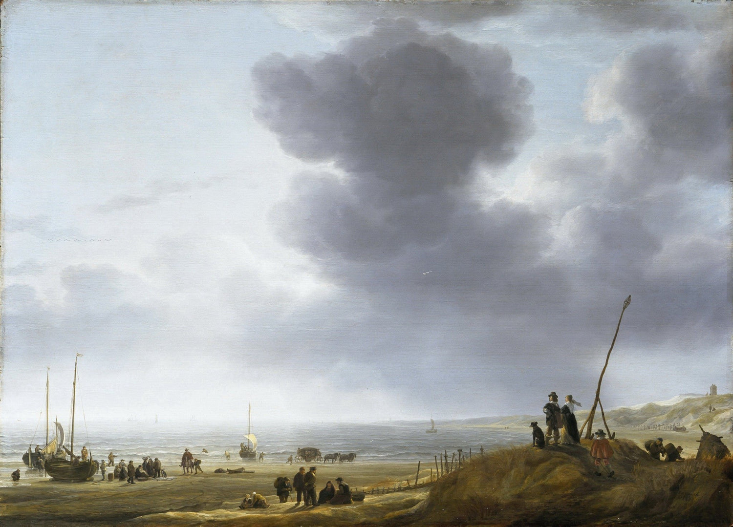 Hand-painted beach scene with boats and clouds nautical oil painting on canvas