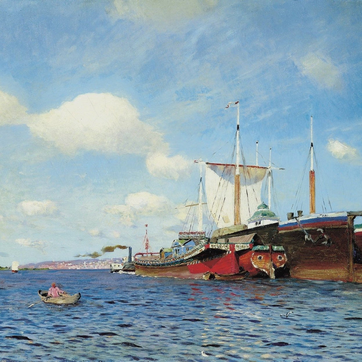 Nautical Oil Paintings - Blue Harbor Boats on Calm Water - Oil Painting Haven